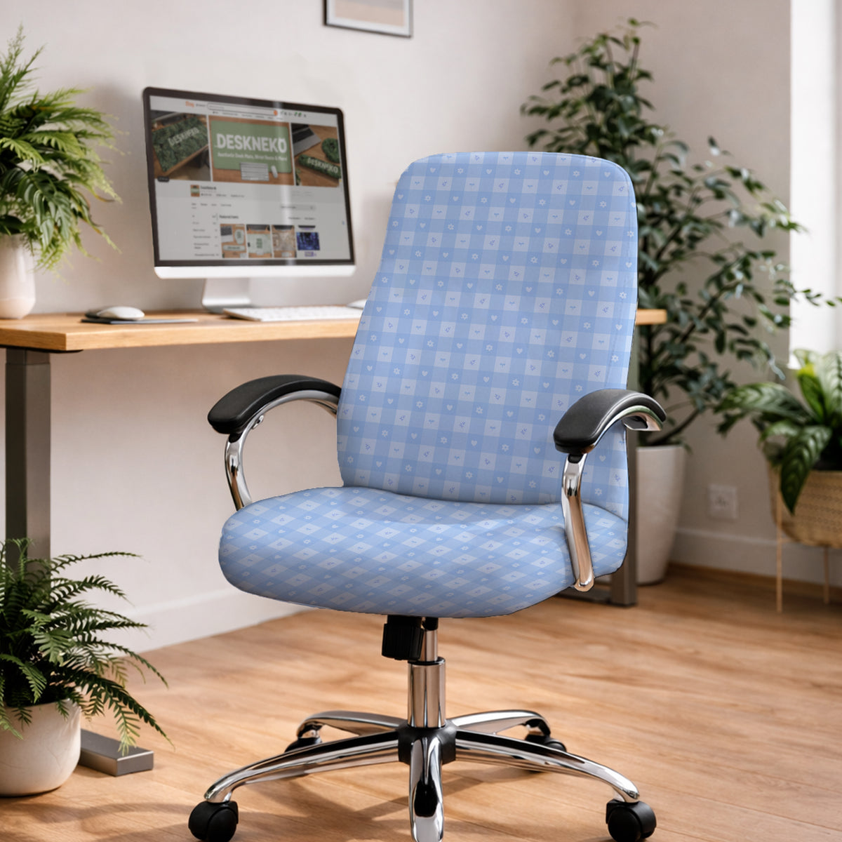 Blue gingham desk chair cover