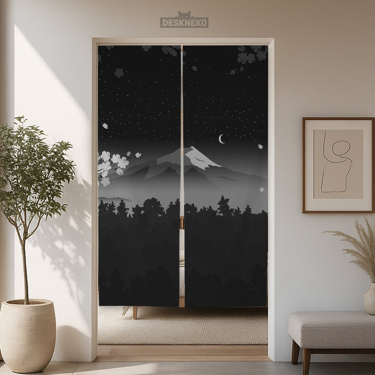 Black mount fuji noren curtain