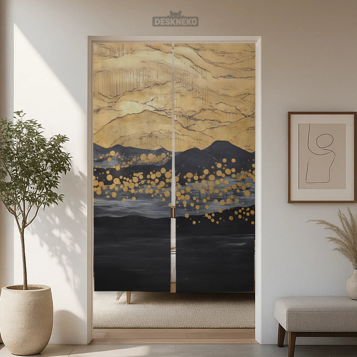 Gold black abstract noren door curtain
