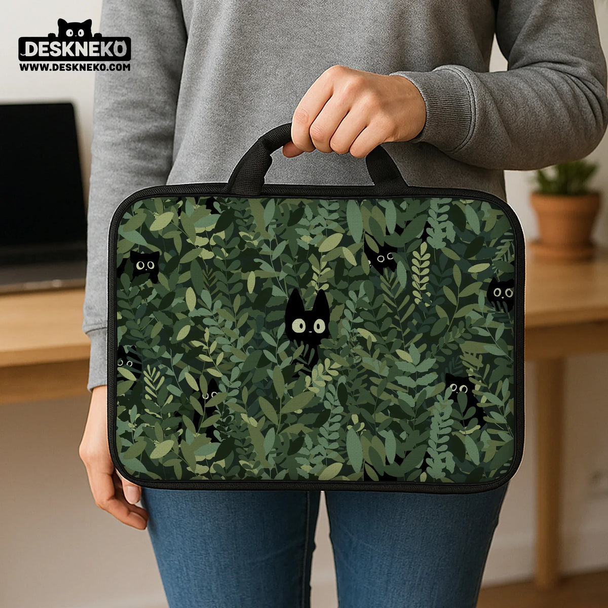 Botanical cat laptop sleeve & bag, forest green aesthetic case