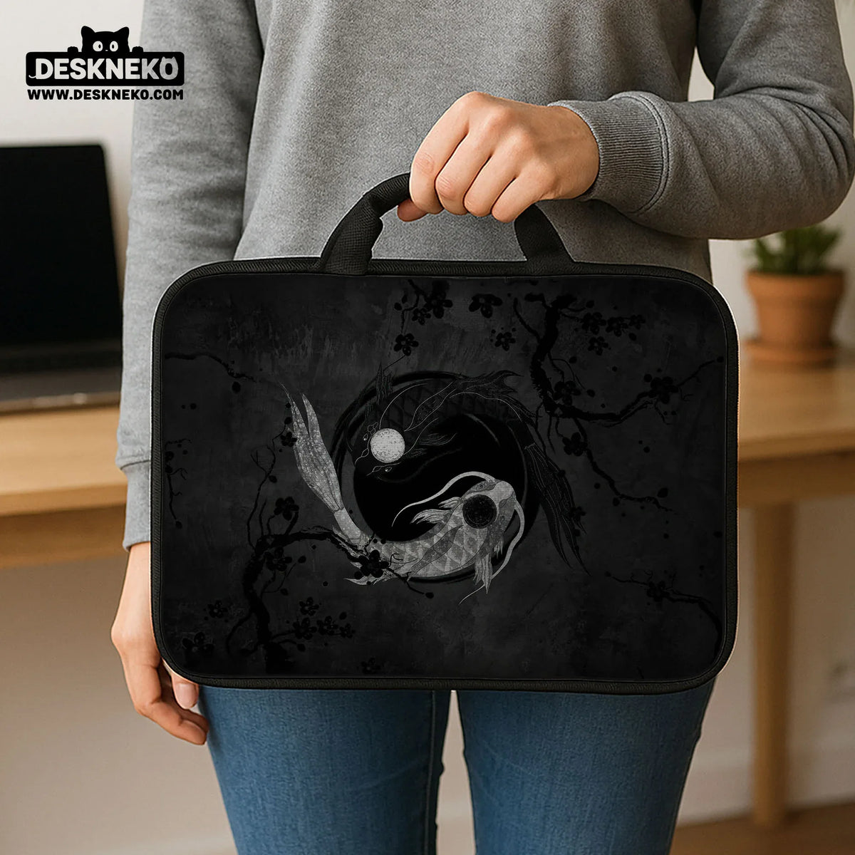 Dark koi yin yang laptop sleeve & bag, japanese ink case