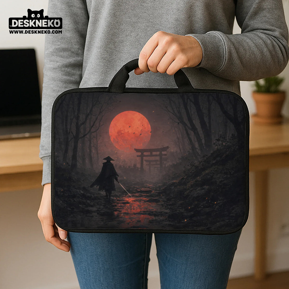 Samurai red moon laptop sleeve & bag with handle and shoulder strap