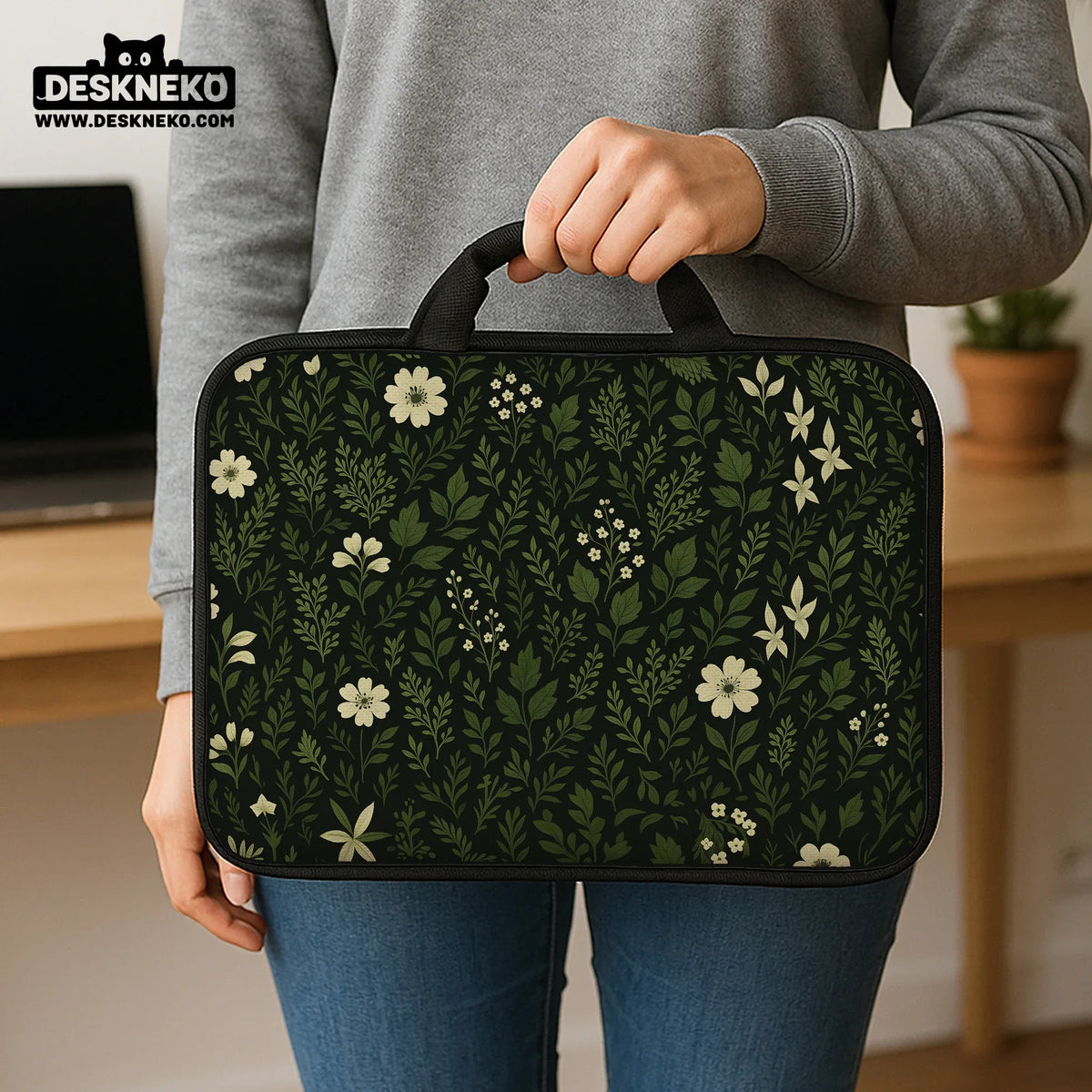Botanical laptop sleeve & bag with dark green floral pattern