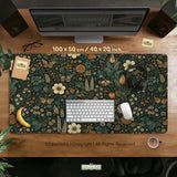 Dark floral cottagecore desk mat with botanical butterflies