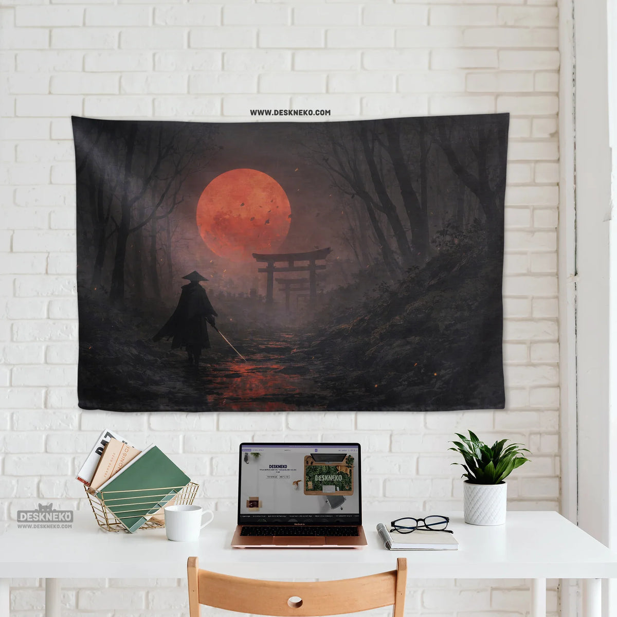 Samurai red moon wall tapestry decor