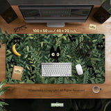 Botanical cat desk mat, cozy green desk pad for work and gaming