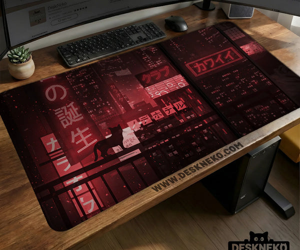 Red Cyberpunk Tokyo Cat Desk Mat - Deskneko