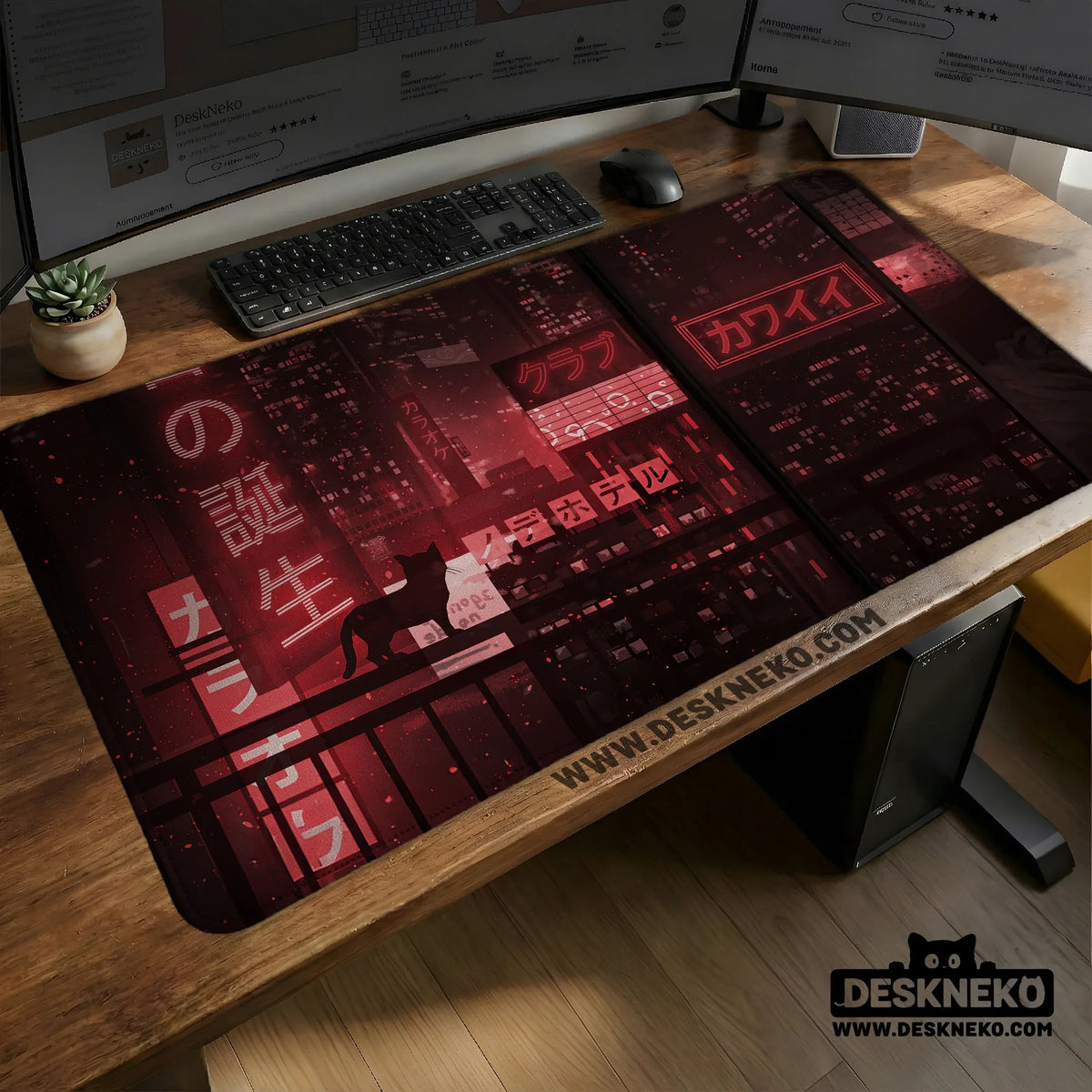 Red cyberpunk tokyo cat desk mat