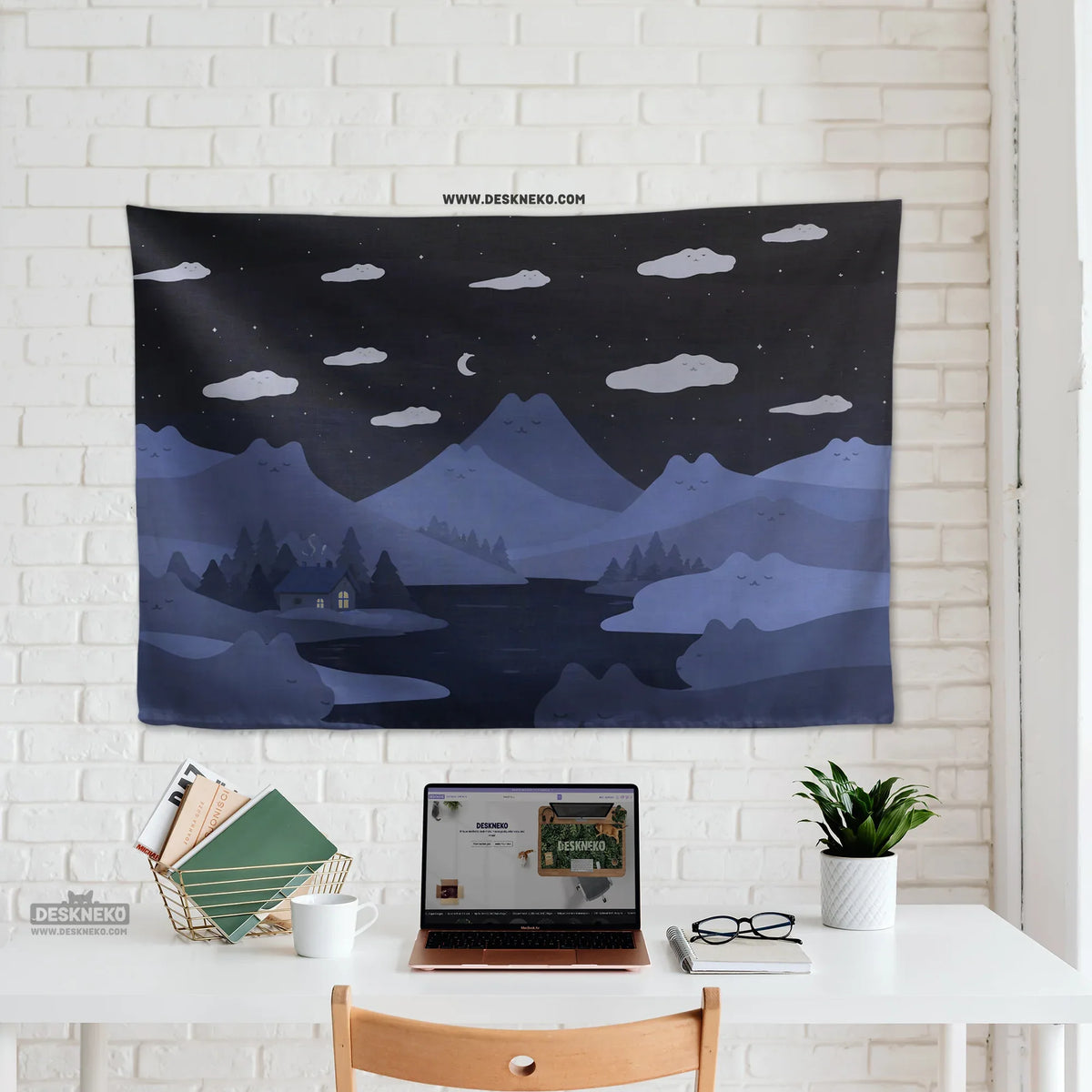 Navy cat hills wall tapestry cozy night landscape