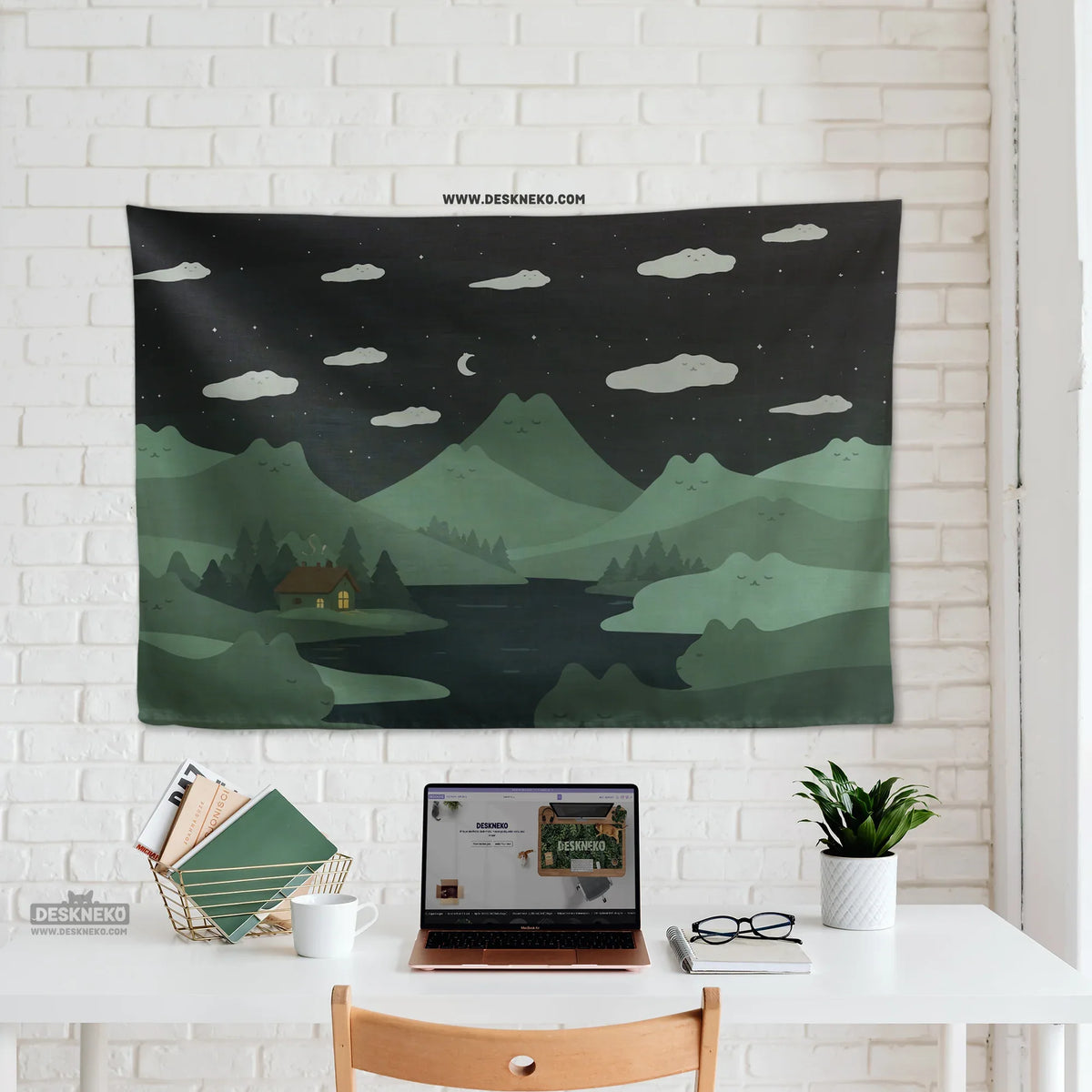 Green Cat Hills Wall Tapestry Cozy Night Landscape - Deskneko