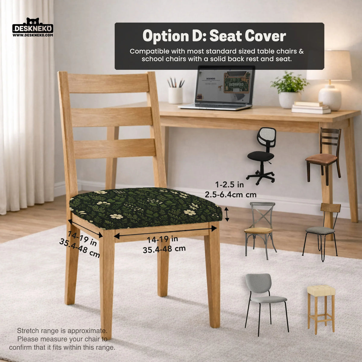 Botanical office chair cover with dark green floral pattern
