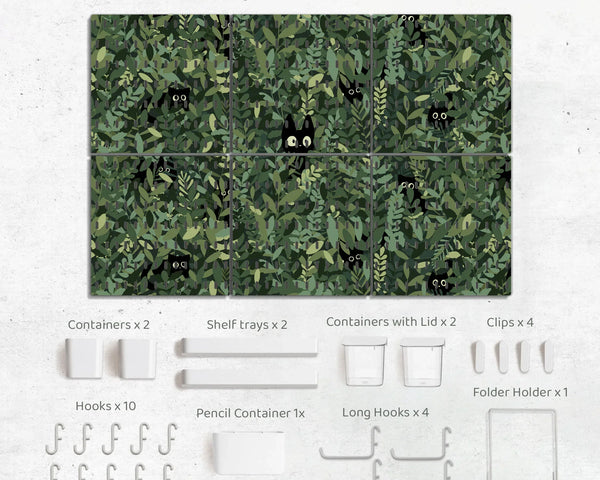 Botanical cat desk pegboard organizer, forest green workspace storage