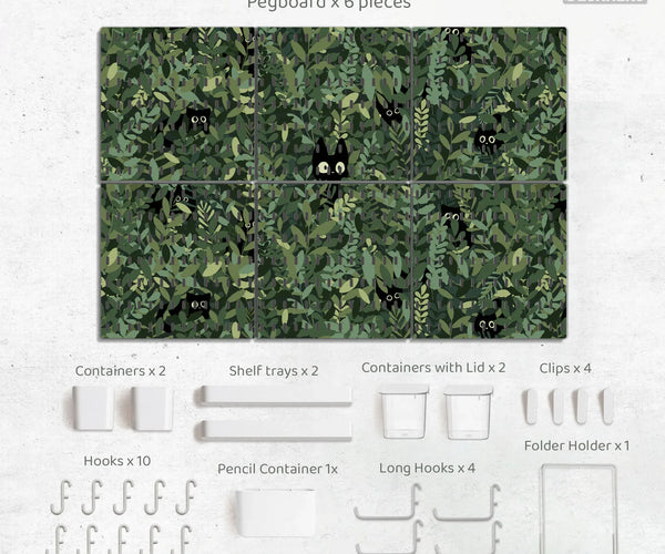 Botanical Cat Desk Pegboard Organizer, Forest Green Workspace Storage - Deskneko