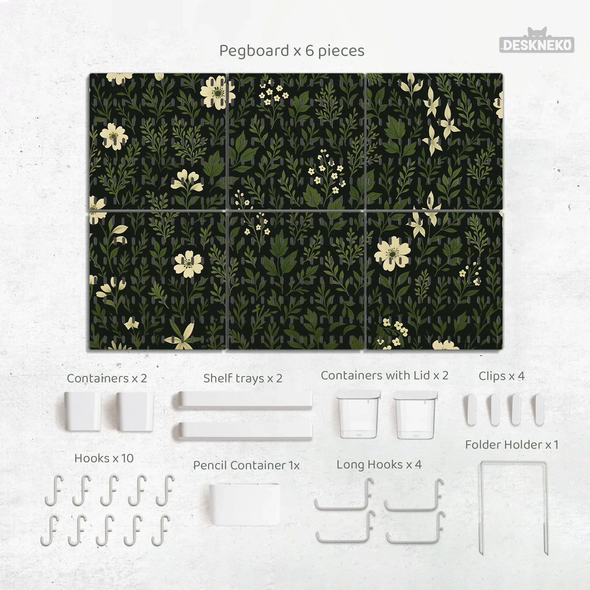 Botanical Pegboard Organizer with Dark Green Floral Pattern - Deskneko