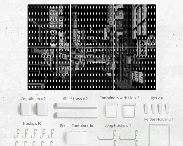 Tokyo night pixel pegboard organizer, cyberpunk wall storage