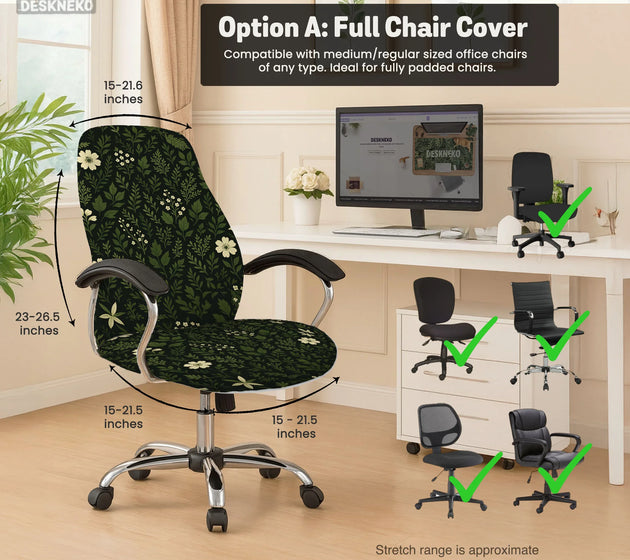 Botanical office chair cover with dark green floral pattern
