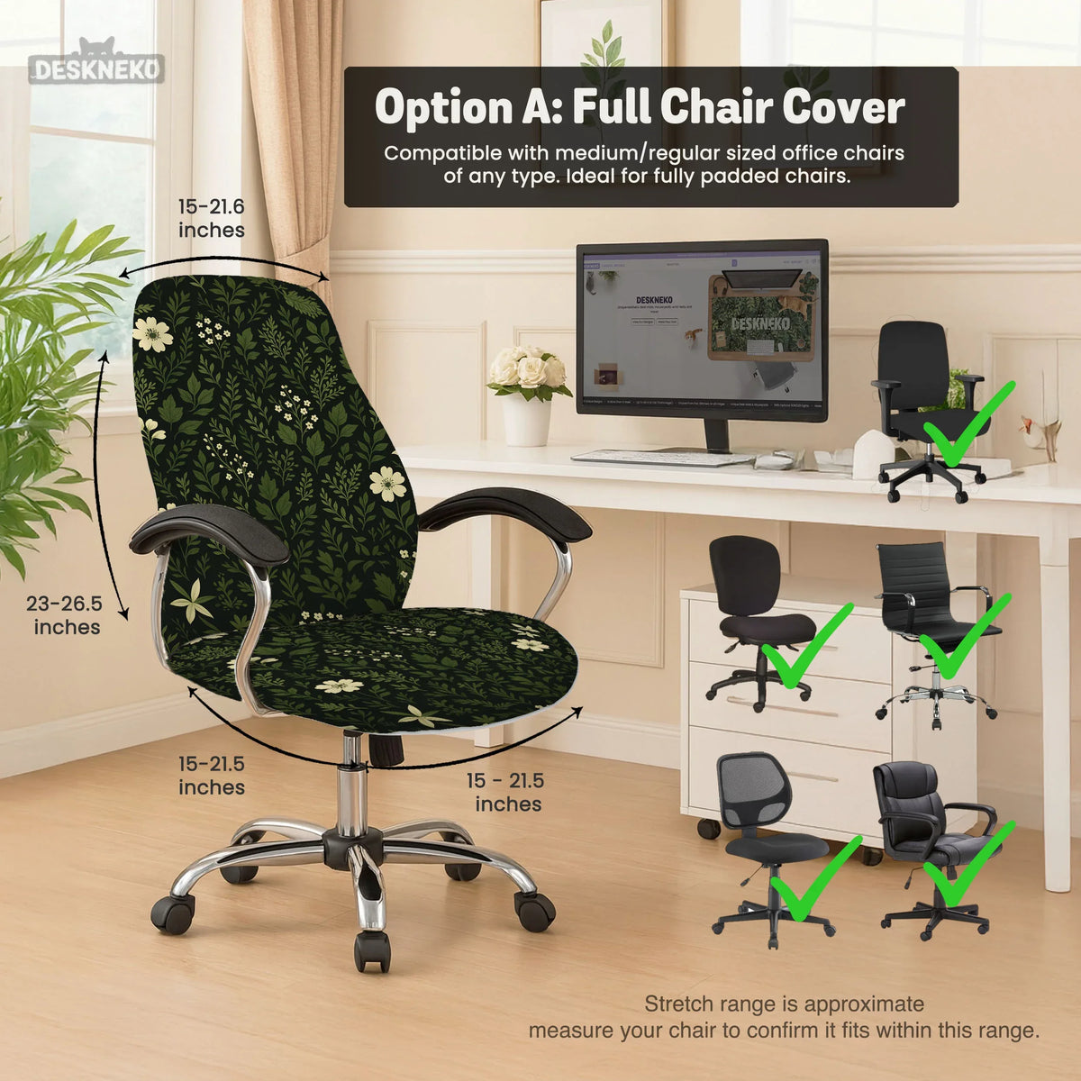 Botanical office chair cover with dark green floral pattern