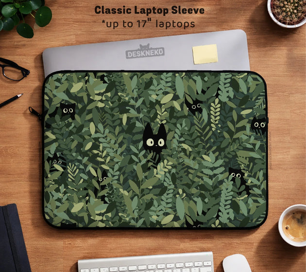 Botanical cat laptop sleeve & bag, forest green aesthetic case