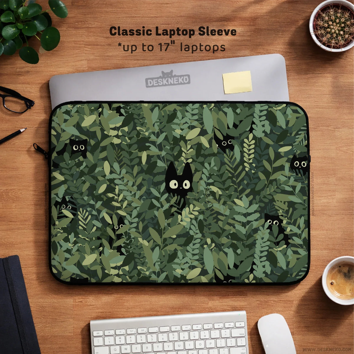 Botanical cat laptop sleeve & bag, forest green aesthetic case