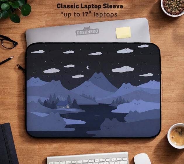 Whimisical blue cat mountains laptop sleeve & bag