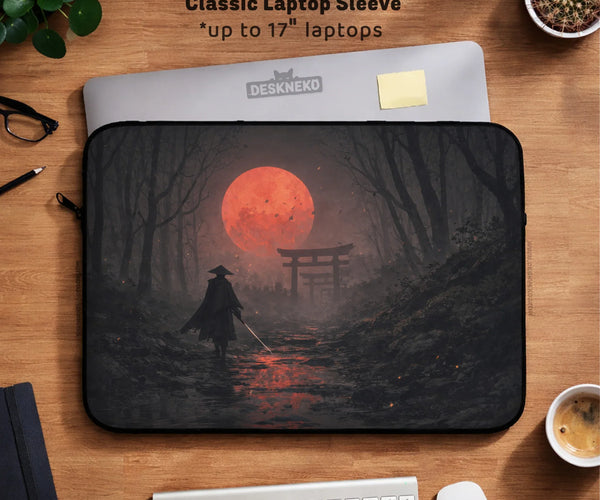 Samurai Red Moon Laptop Sleeve & Bag with Handle and Shoulder Strap - Deskneko
