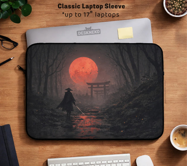 Samurai red moon laptop sleeve & bag with handle and shoulder strap