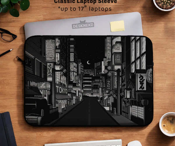 Tokyo Night Pixel Laptop Sleeve & Bag – Monochrome Cyberpunk Case - Deskneko