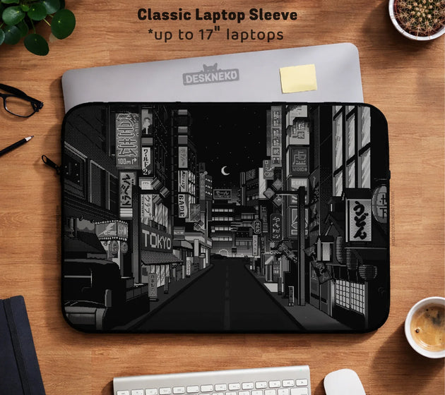 Tokyo night pixel laptop sleeve & bag – monochrome cyberpunk case