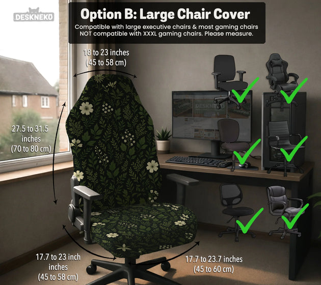 Botanical office chair cover with dark green floral pattern