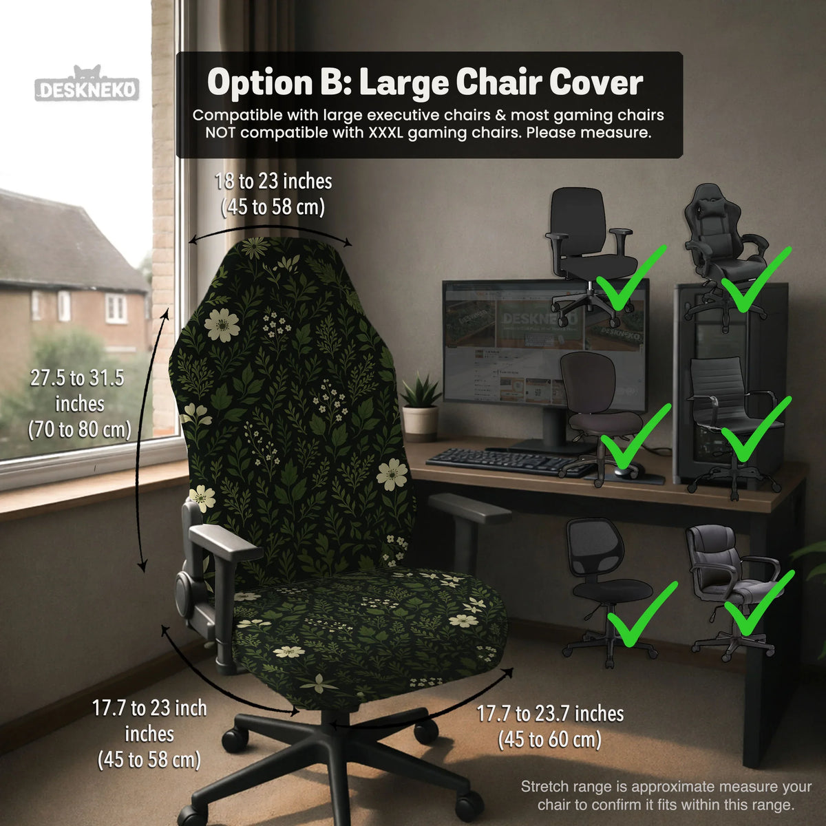 Botanical office chair cover with dark green floral pattern