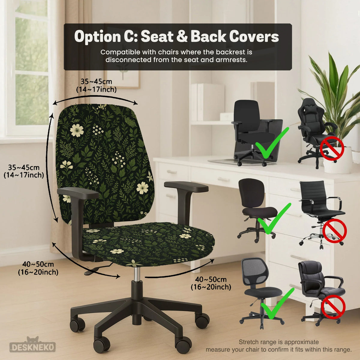 Botanical office chair cover with dark green floral pattern