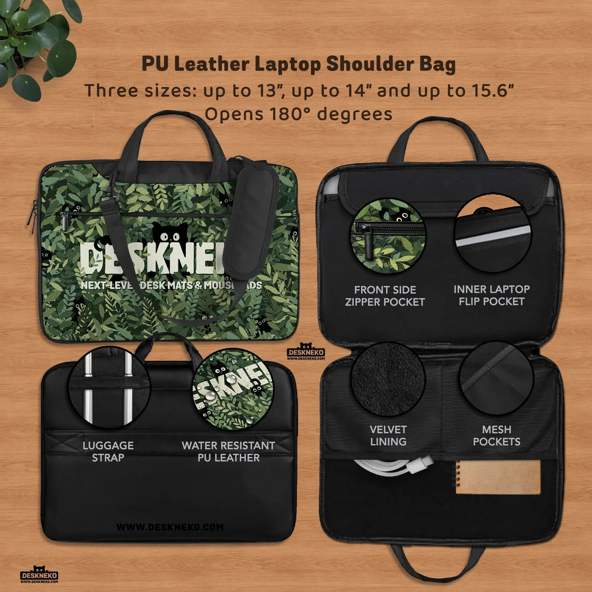 Botanical cat laptop sleeve & bag, forest green aesthetic case