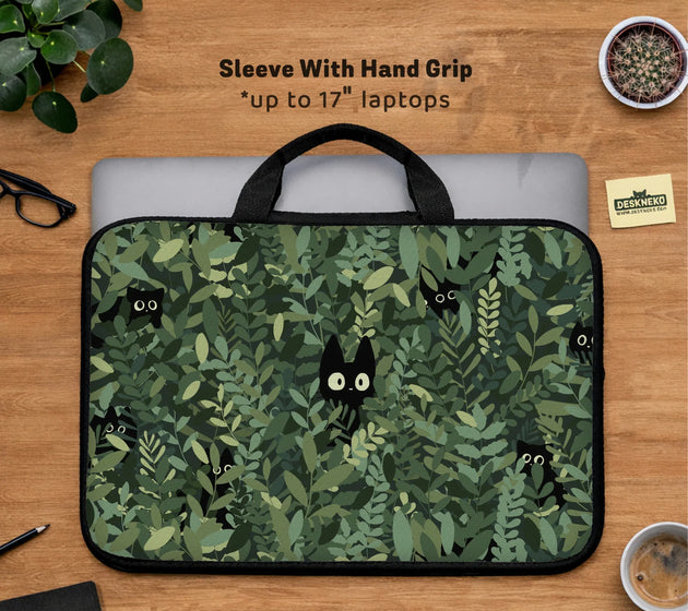 Botanical cat laptop sleeve & bag, forest green aesthetic case