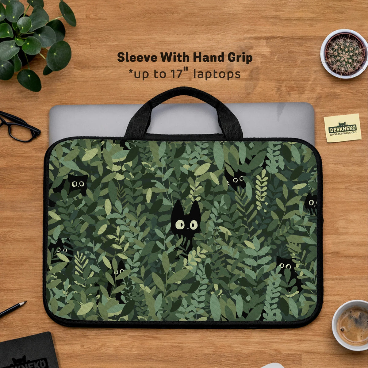 Botanical cat laptop sleeve & bag, forest green aesthetic case