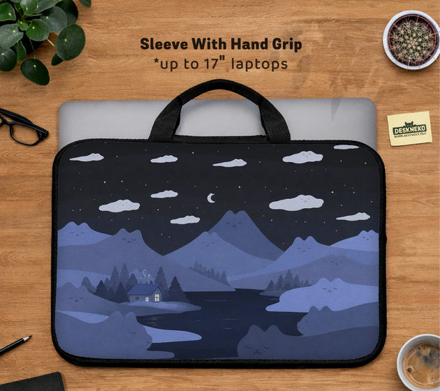 Whimisical blue cat mountains laptop sleeve & bag