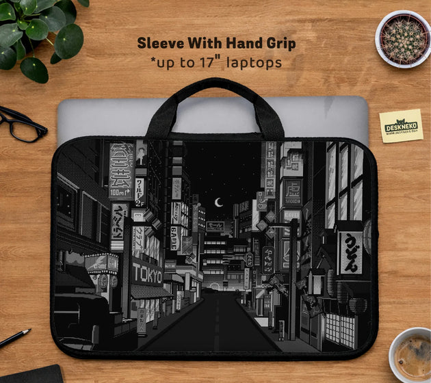 Tokyo night pixel laptop sleeve & bag – monochrome cyberpunk case