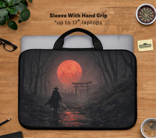 Samurai red moon laptop sleeve & bag with handle and shoulder strap