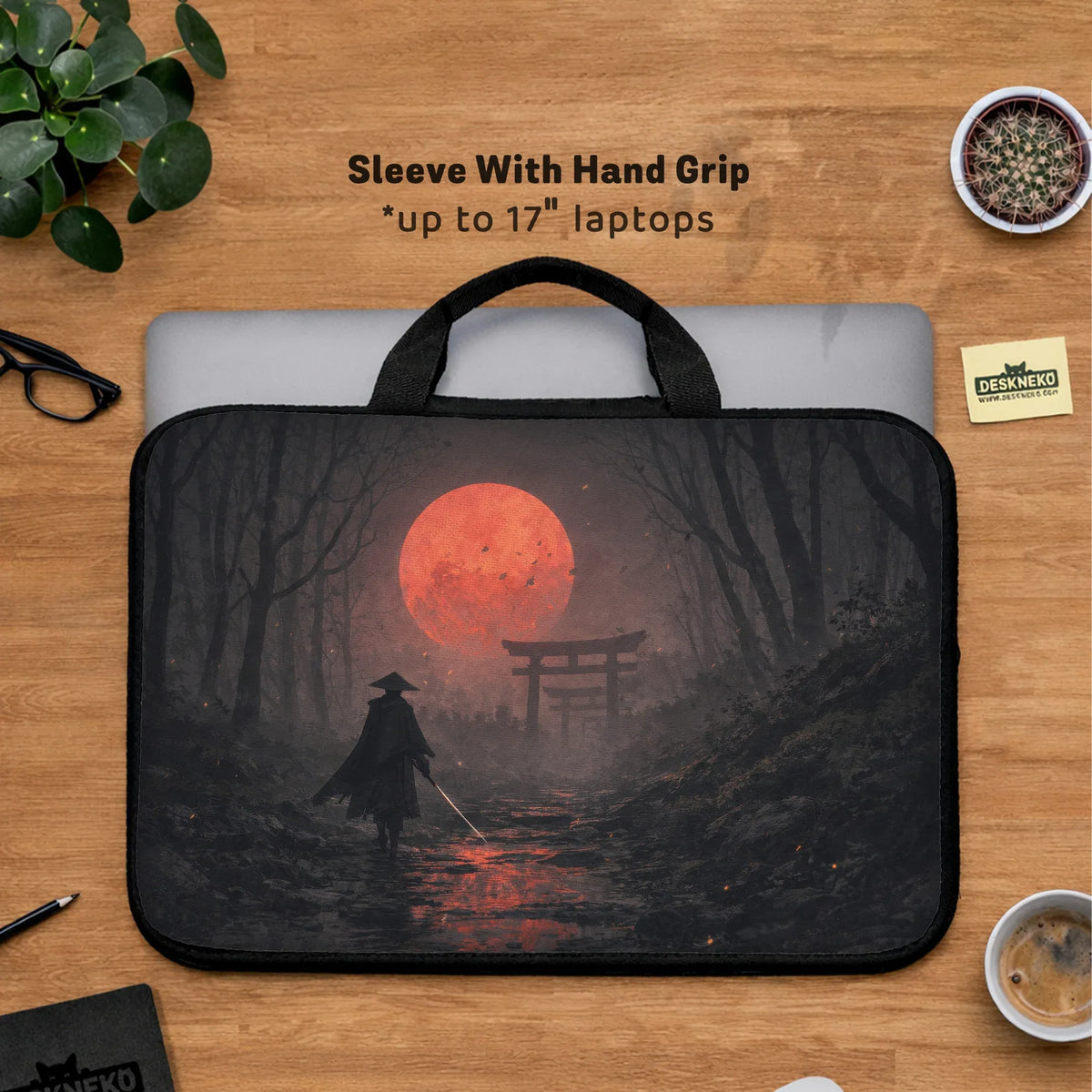 Samurai red moon laptop sleeve & bag with handle and shoulder strap