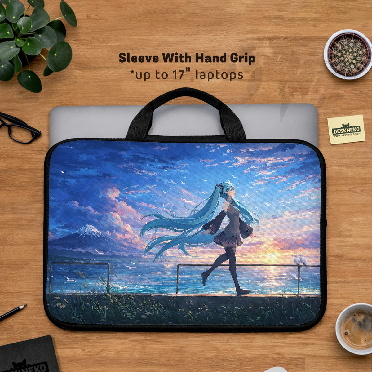 Blue anime laptop sleeve with handle