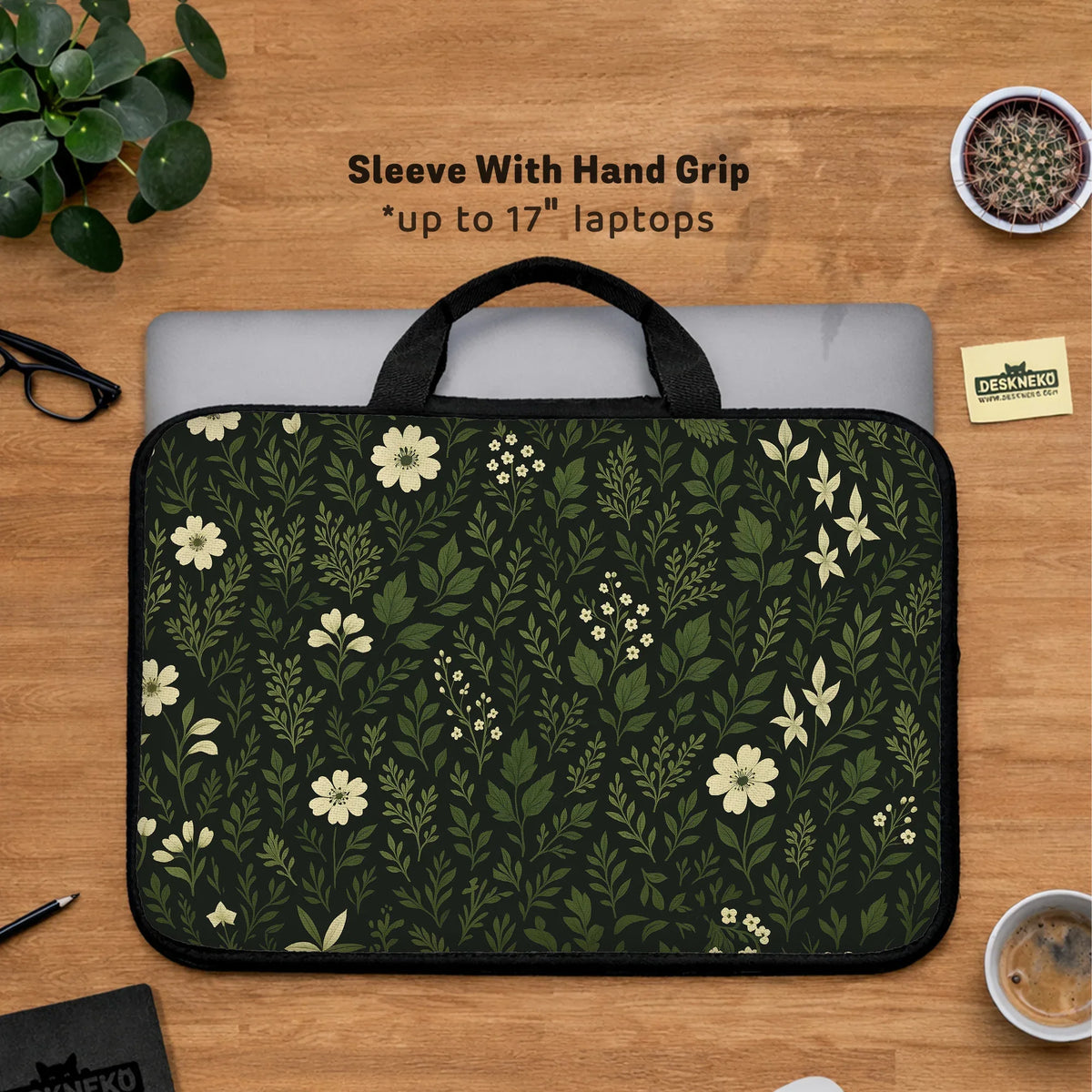 Botanical laptop sleeve & bag with dark green floral pattern
