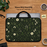 Botanical laptop sleeve & bag with dark green floral pattern