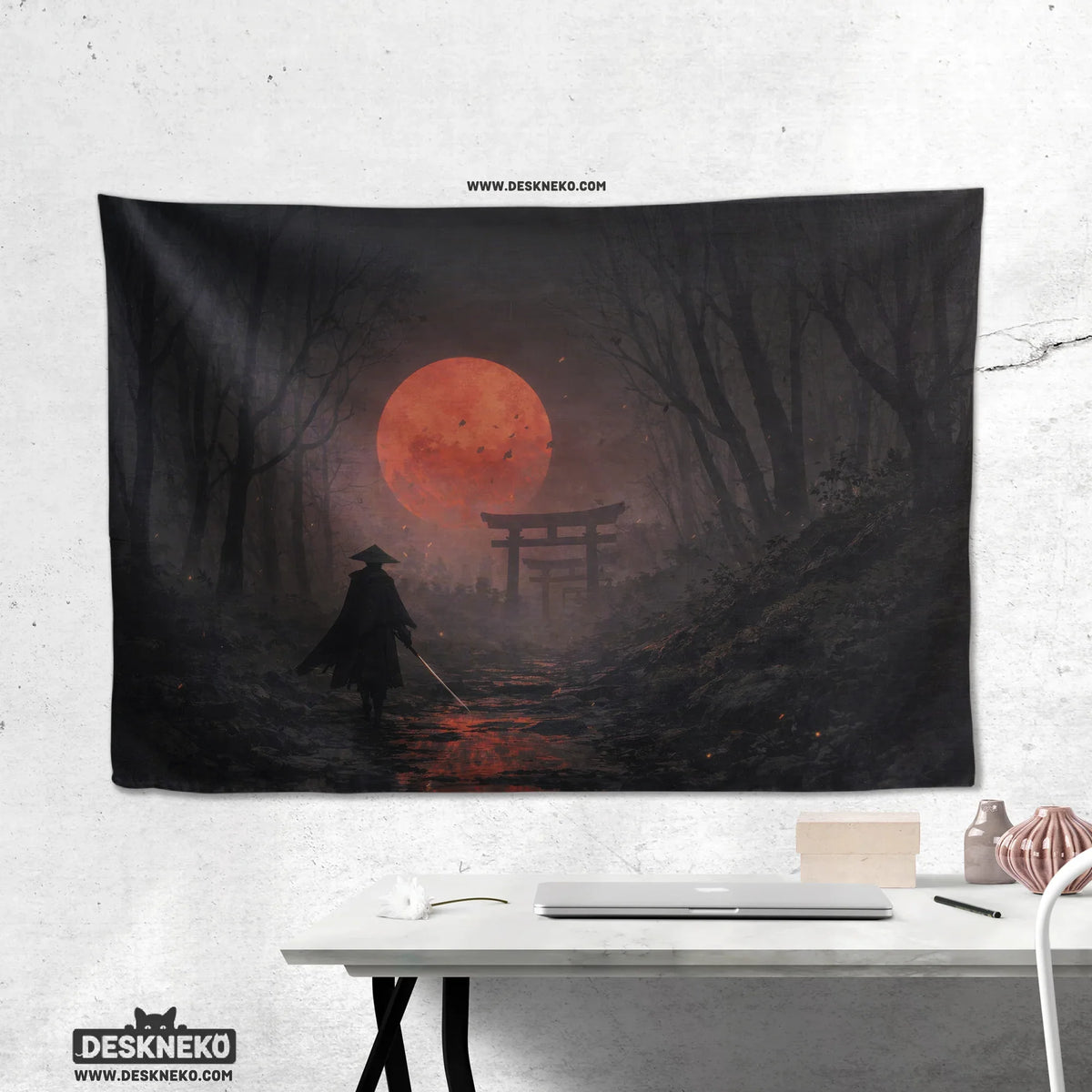 Samurai red moon wall tapestry decor