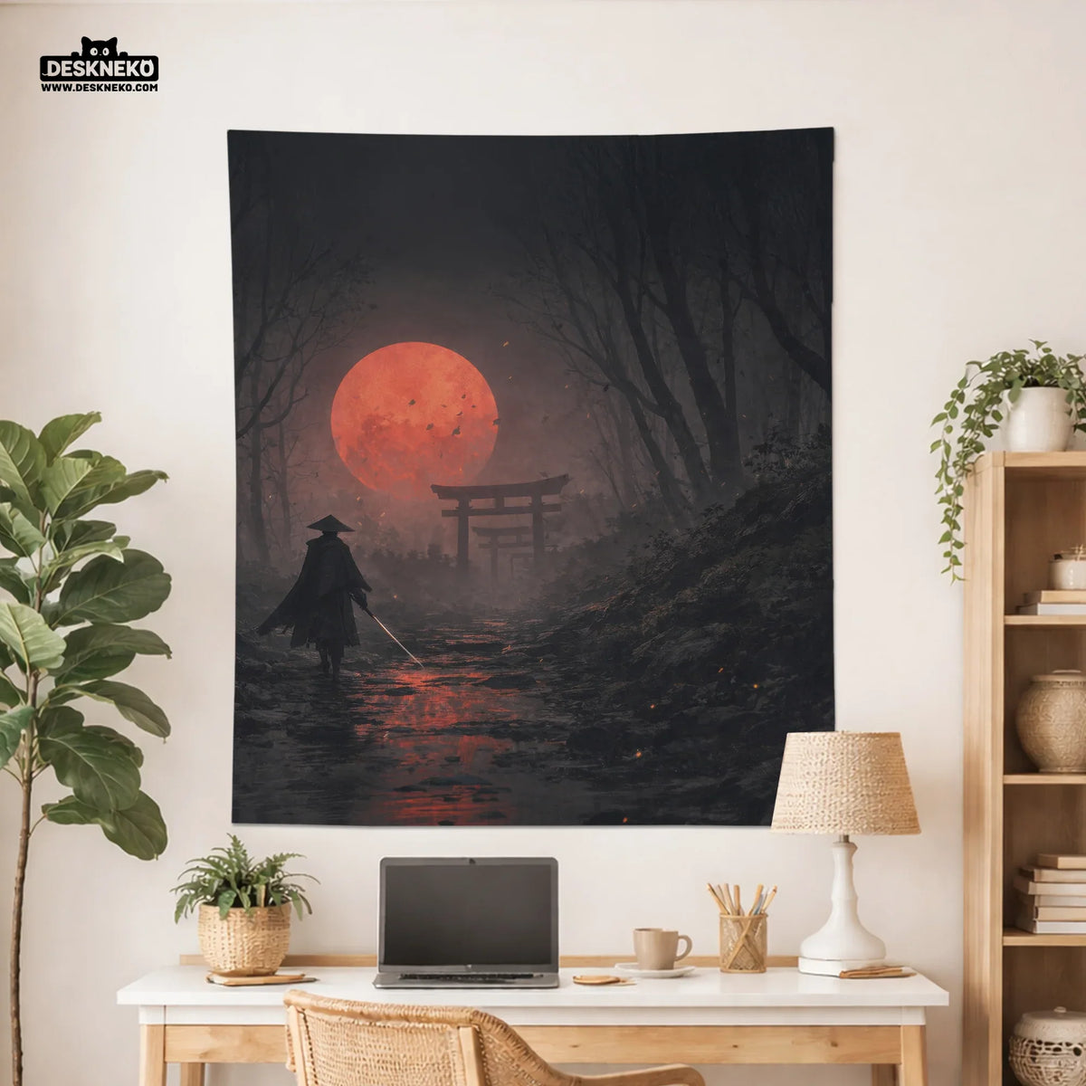 Samurai Red Moon Wall Tapestry Decor - Deskneko