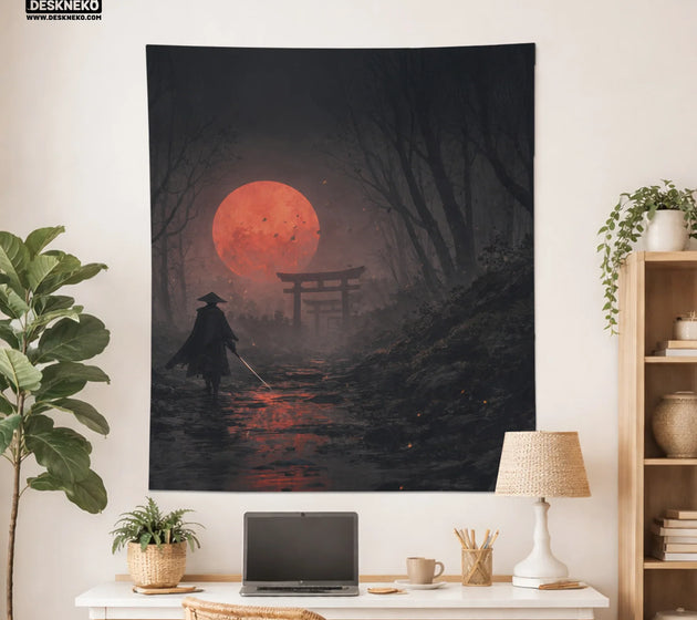 Samurai red moon wall tapestry decor