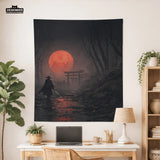Samurai red moon wall tapestry decor