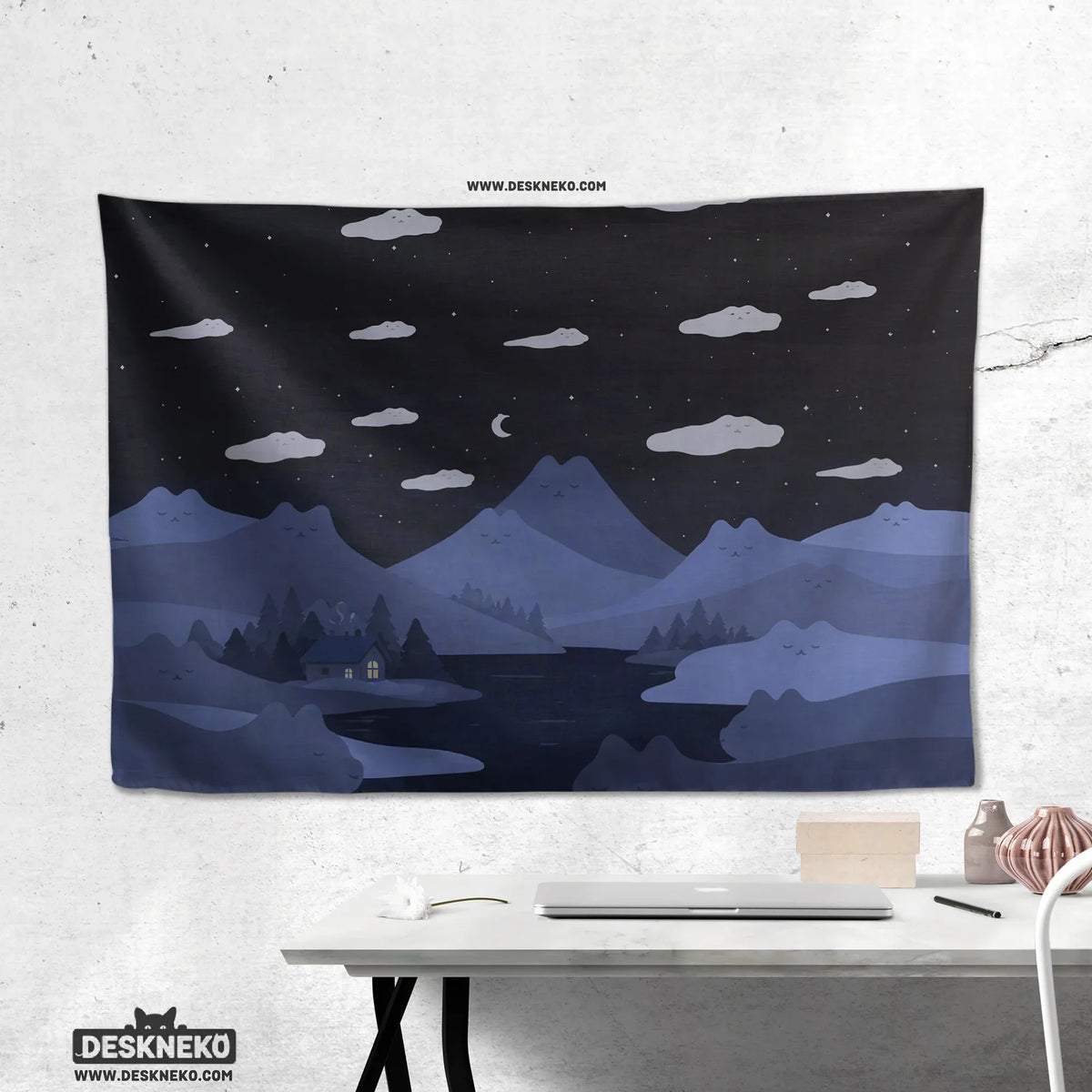 Navy cat hills wall tapestry cozy night landscape