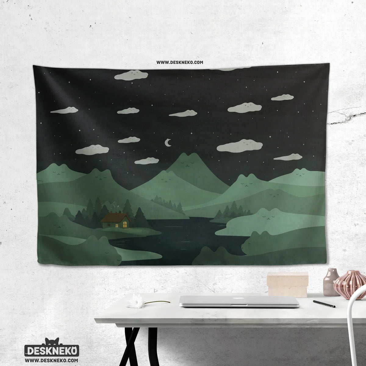 Green cat hills wall tapestry cozy night landscape