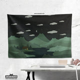 Green cat hills wall tapestry cozy night landscape