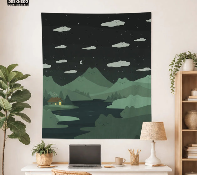 Green cat hills wall tapestry cozy night landscape