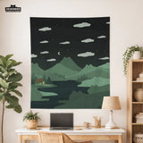 Green cat hills wall tapestry cozy night landscape